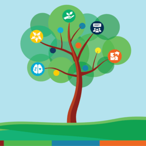 Tree with colourful icons representing the 5 Catalyst 2030 values